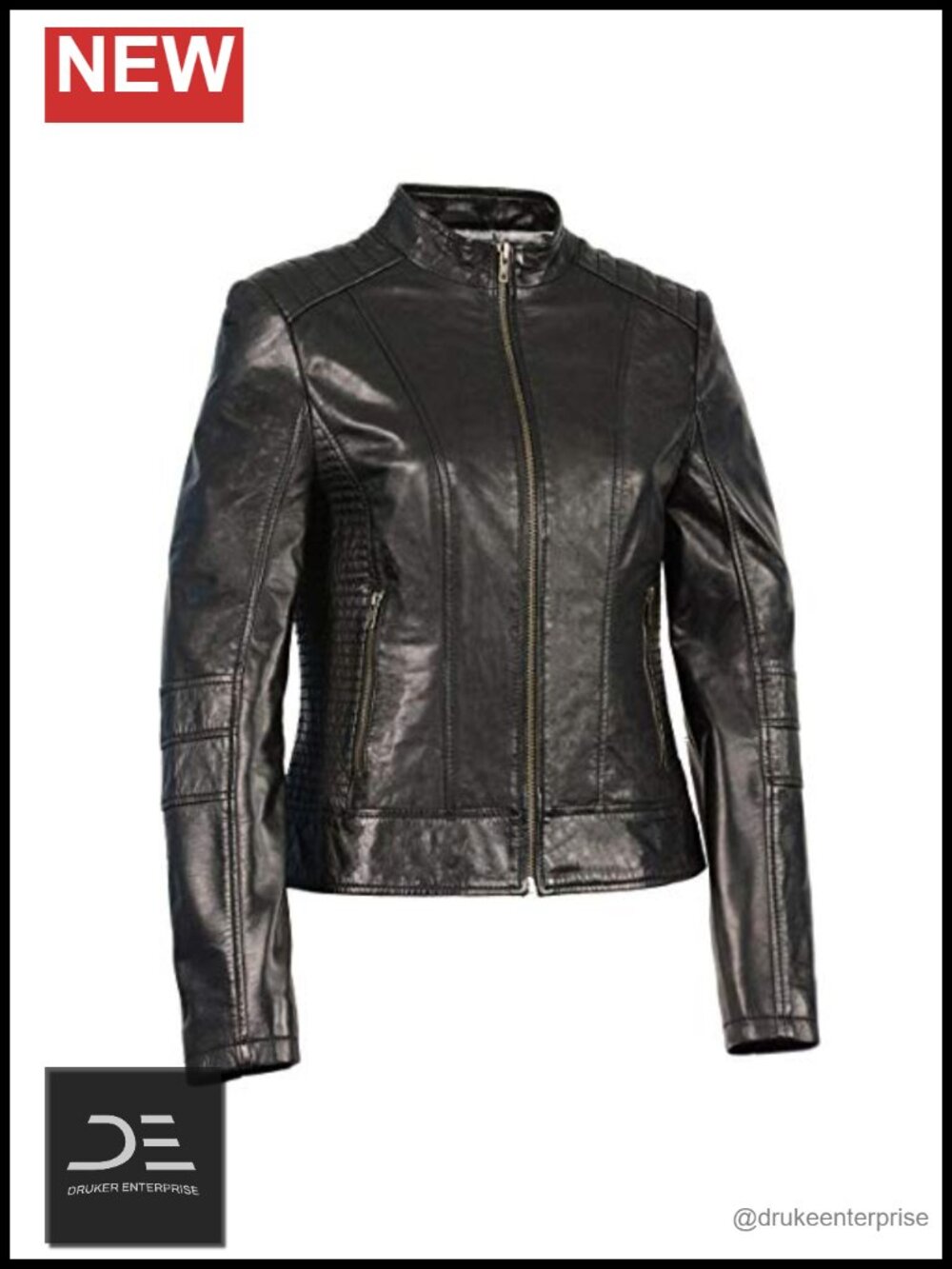 Women's Zip Front Stand Up Collar Leather Jacket Quilted Shoulders